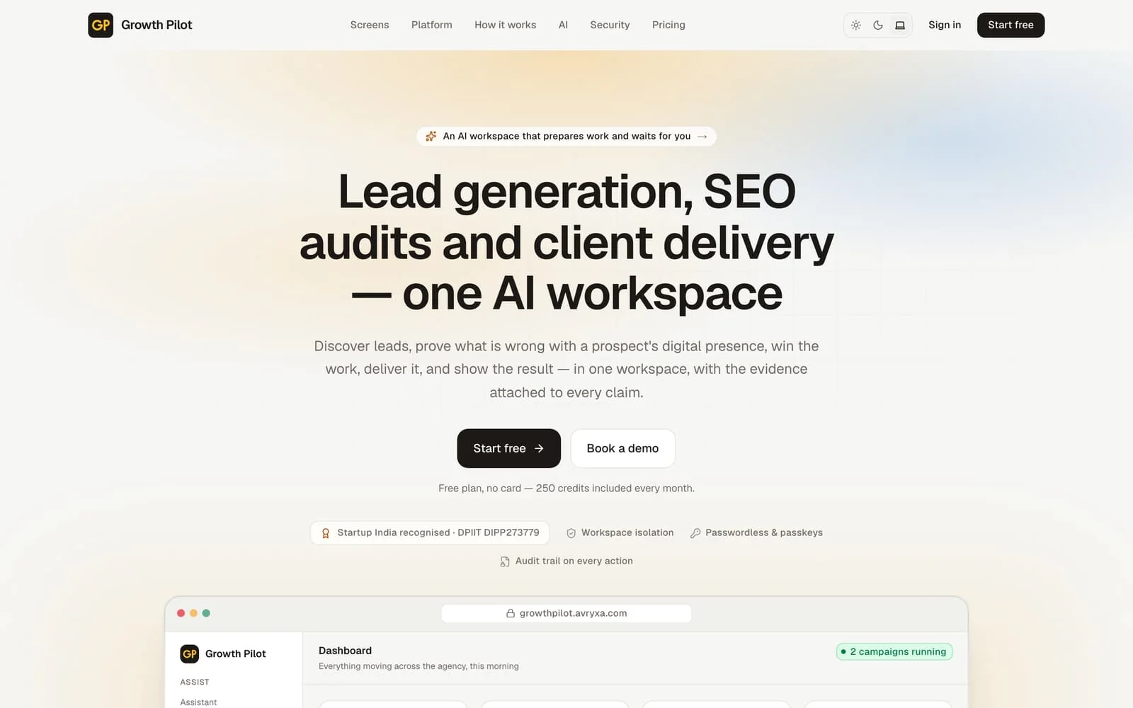 The Growth Pilot workspace: lead generation, SEO audits and client delivery in one product